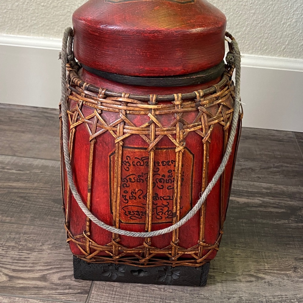 Vintage Thai Traditional Bamboo Woven Lacquered and Painted basket with lid